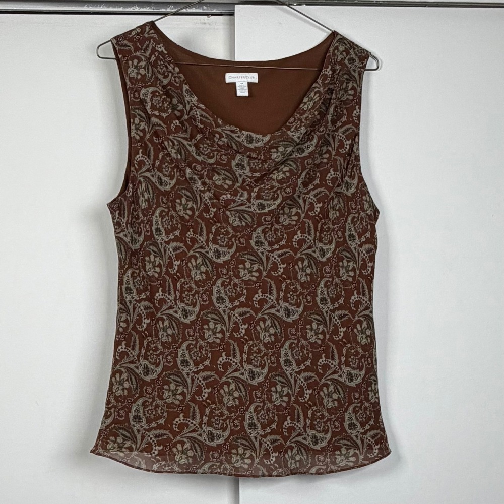 Charter Club Womens Brown Paisley Silk Cowl Neck Sleeveless Blouse‎ Top Size 14